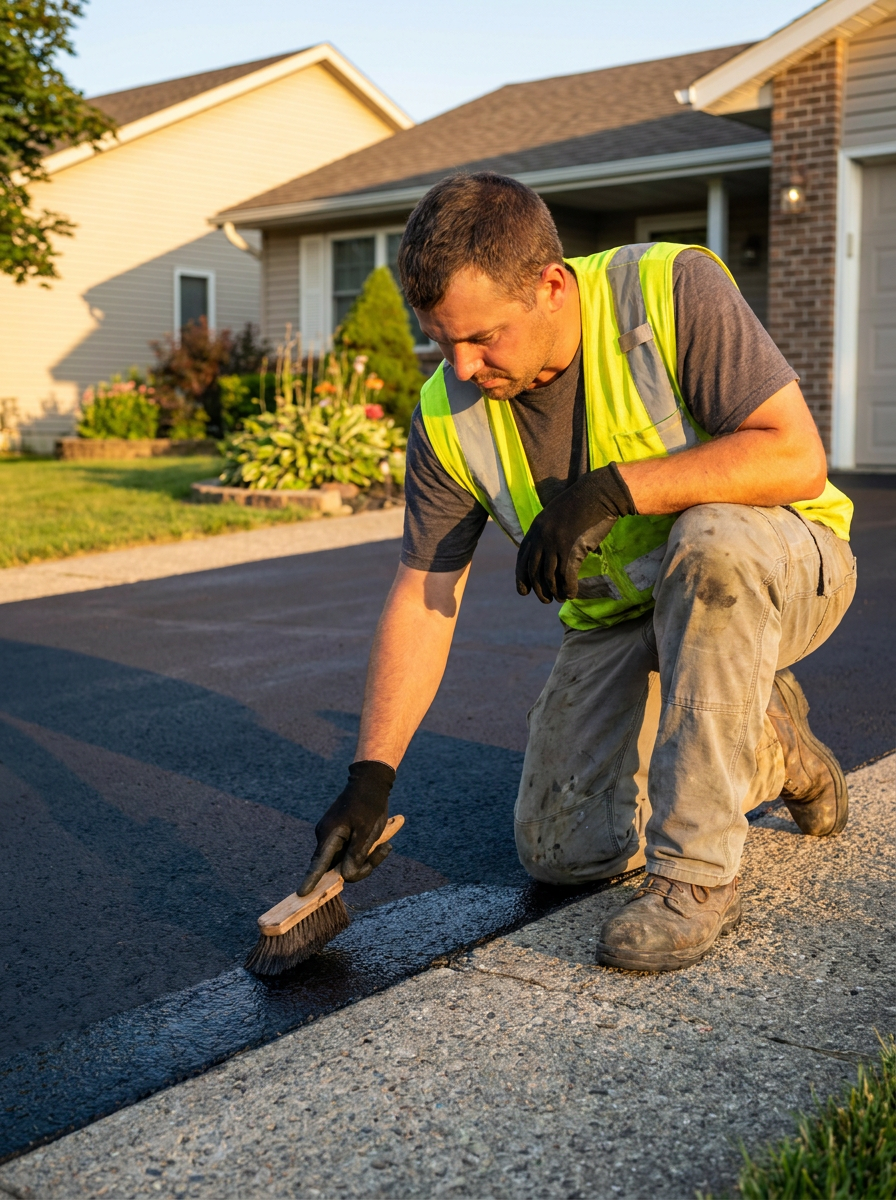 Reliable Pro Seal technician brushing asphalt sealer along a driveway edge