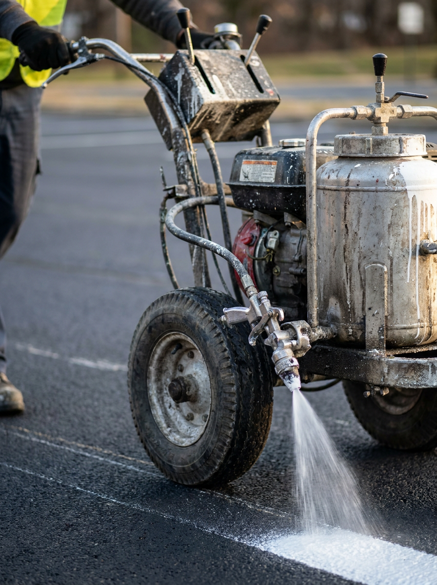 Professional line striping machine painting a white line on dark asphalt