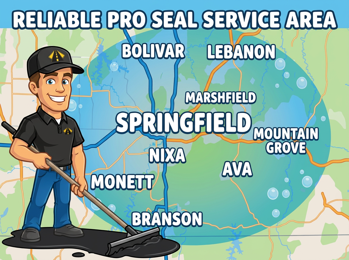 Reliable Pro Seal service area map covering Springfield, Nixa, Ozark, Republic, and surrounding communities in Missouri