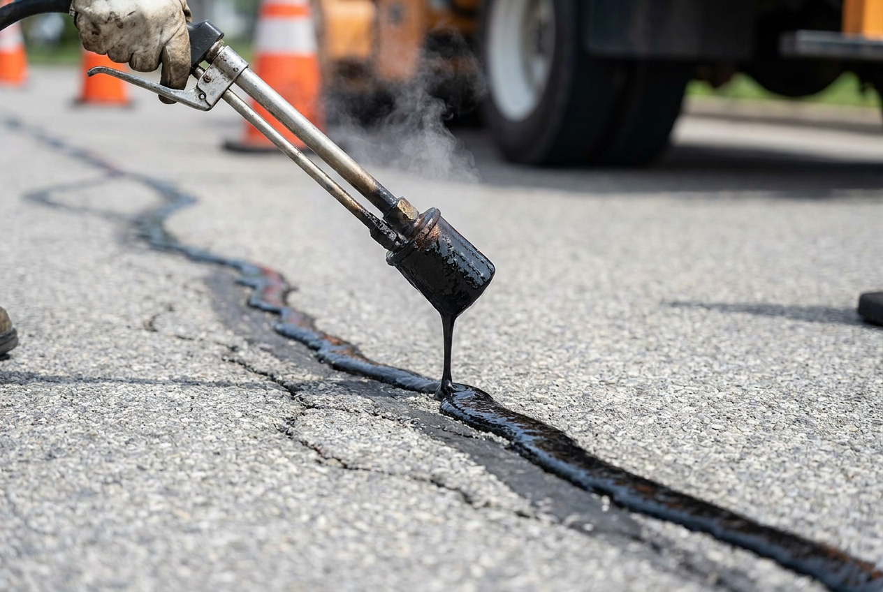 Hot rubberized crack filler being applied to an asphalt crack