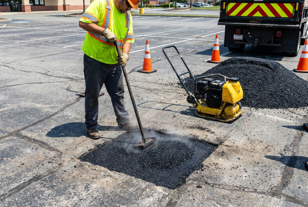 Fresh asphalt patch being compacted into a repaired pothole